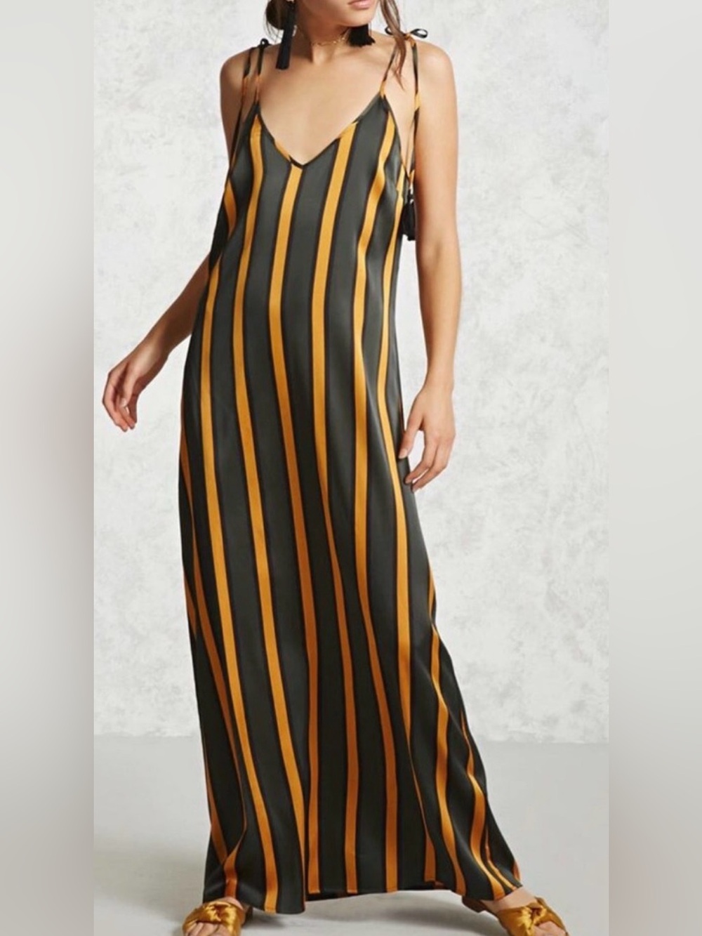 Forever 21 Black and Mustard Striped Satin-like Maxi Slip Dress